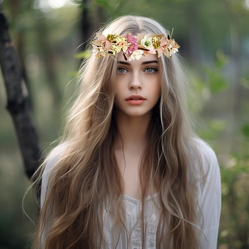 Vivivalue Flower Wreath Crown Boho Flower Headband Hair Garland Floral Headpiece Halo with Wrist Wedding Party Festival Photos Yellow - color: 95