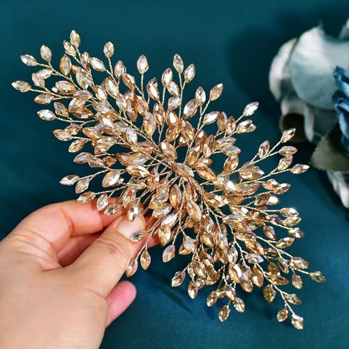 Rhinestone Leaf Wedding Hair Comb, Sparkly Bridal Hair Piece Accessories for Bride Bridesmaid Party Prom (Champagne) - color: Champagne