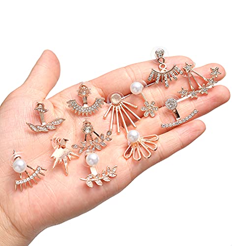 Tornito 6-12 Pairs Lotus Flower Earring Studs Chic CZ Earrings Jackets For Women Silver Rose Gold Tone - color: F:12 Pairs,Rose Gold Tone