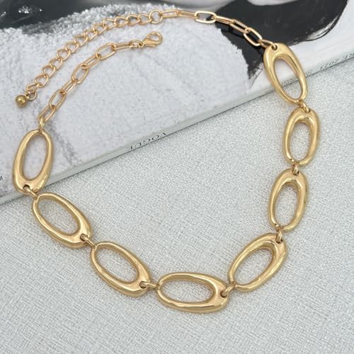 Chunky Gold Statement Necklace for Women, Big Geometric Circle Link Chain Collar Bold Fashion Chunky Trendy Metal Statement Jewelry Gift - color: Ellipse
