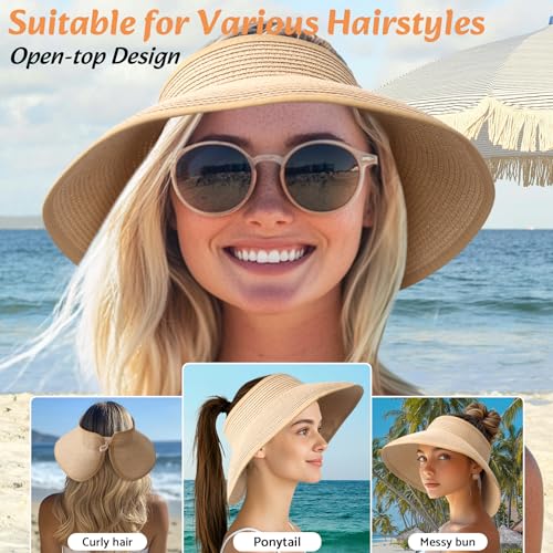 NPQQUAN Sun Visor Hats for Women Wide Brim Ponytail Straw Beach Hat Packable Foldable UPF 50+ Floppy Travel Hats - color: (Khaki)), style: Classic