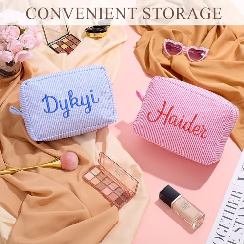 Personalized Makeup Bag Pouch with Embroidered Name for Women Girls Bride | Cute Small Seersucker Custom Monogrammed Initial Cosmetic Toiletry Bag with Zip for Travel Bridesmaid