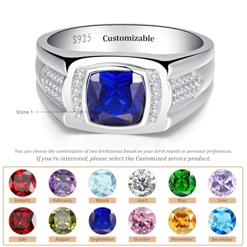 Yaresul 8 * 8mm 2.85CT 925 Sterling Silver Mens Gemstone Ring Princess Cut Created Black Onyx|Sapphire|Emerald|Ruby Mens Wedding Band Engagement Ring Pave CZ W/AAA Size 6-13 - color: Y-Customized Birthstone/Metal Type