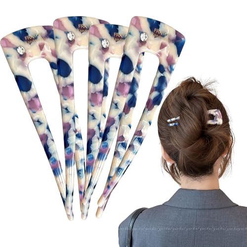 French Hair Clips 4-Pack Assorted Styles, U-Shaped Textured Hair Pins for Women with Black, Tortoiseshell, Leopard & Smoky, for Ponytail Bun Updo (Celadon) - color: Smoky Grey