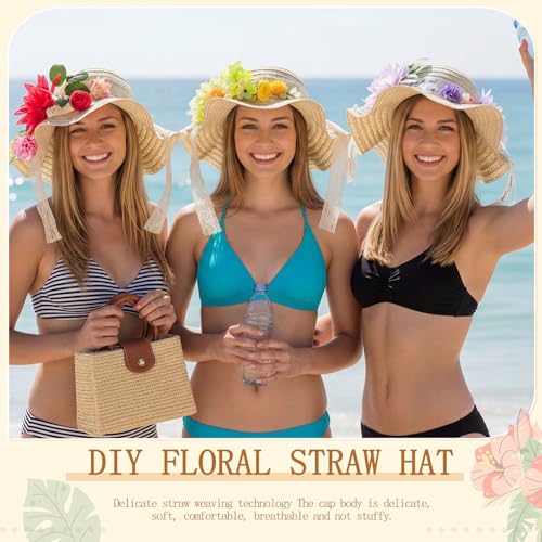 6 Sets DIY Tea Party Straw Hats Kit DIY Straw Hat for Women Blank Sun Hats - style: Vivid Flower