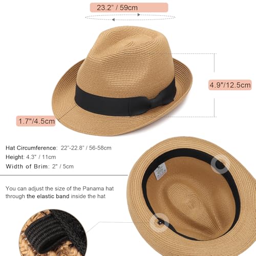DRESHOW Women Straw Sun Hat Short Brim Panama Travel Fedora Summer Hat Roll Up Beach Cap for Women UPF 50+ - color: 1 Pack Rolled Hat: Khaki (Black Band)