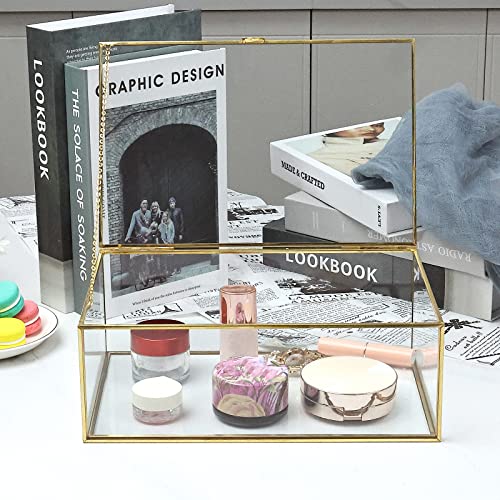 HighFree Vintage Glass Box with Lid - Clear Jewelry Glass Display Box Keepsake Box - Home Decor Decorative Box for Trinket Rings Bracelet (Gold, Large) - color: Gold, size: Large