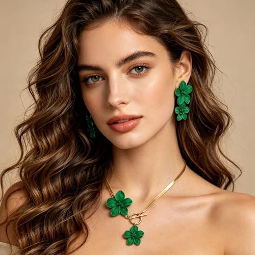 WCRAZYE Gold Flower Earrings Necklace Set for Women Boho Summer Daisy Floral Statement Earrings Brides Wedding Guest Dresses Jewelry - color: Green