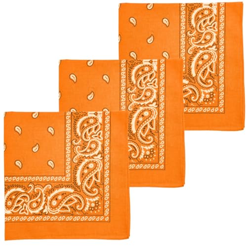 MDSTYLE 100% Cotton Bandana for Men & Women 22" x 22" Paisley Pattern Handkerchief Headband Scarf - color: Orange - 3 Pack
