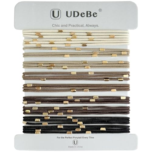 10 Packs Hair Ties with Rectangular Gold Focal Beads – Thin Elastic Ponytail Holders Hair Accessories for Women - color: Rectangular-Basic