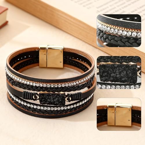 Long tiantian Leather Wrap Bracelets Boho Bracelets for Women Rhinestone Leather Bangles Boho Western Outfit Accessories Jewelry Gifts - color: black
