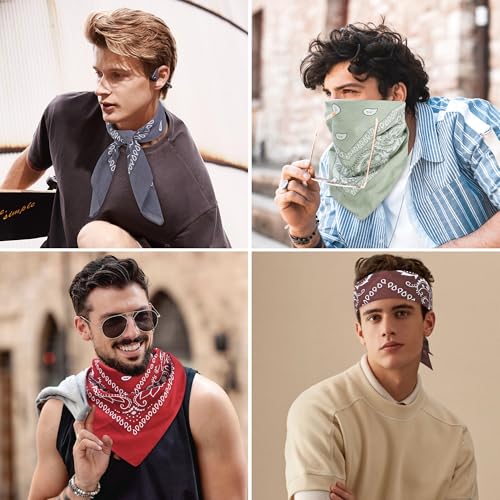 Mochabao 100% Cotton 27" x 27" Large Bandanas for Men & Women, Multi-Purpose Bandana Headbands, Square Head Scarf - color: Red/Gray/Brown/Sage Green