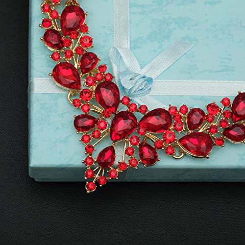 CSY 4 Pcs/Set Austrian Crystal Necklace Earrings Bracelet Ring Bridal Jewelry Sets for Brides Wedding Party Costume Accessories Gifts for Women - color: 02-gold plated-red