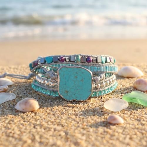 YGLINE Natural Stone Bracelet 5 Wraps Bracelet Handmade Blue Color Boho Bracelet for Women Bracelet - color: turquoise 8