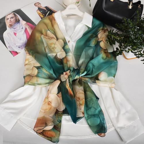 100% Mulberry Silk Women's Neck Silk Scarf-Lightweight Shawl,FLoral Print Beach Silk Wrap-Scarves for Photography - color: Blue Green