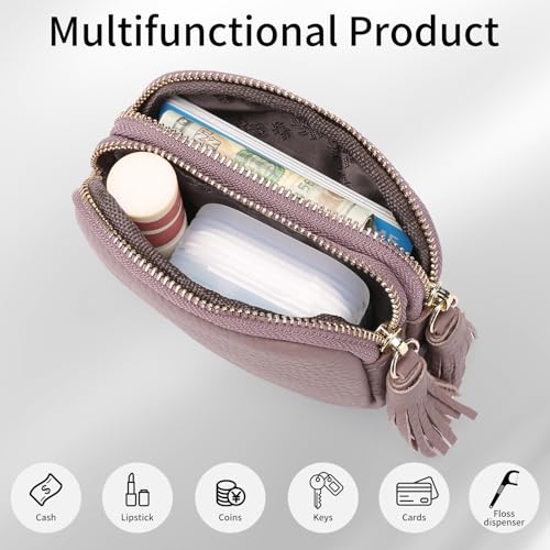 SENDEFN Coin Purse Keychain Small Genuine Leather Women Wallet 2 Zippers Around Key Ring Change Pouch Cash Holder - color: 3-Pink