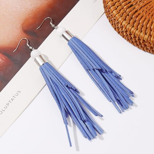 Coiris Boho Leather Layered Tassel Earrings for Women Lightweight Leather Fringe Dangle Earrings Handmade Bohemian Summer Beach Western Drop Earrings for Women - color: Blue