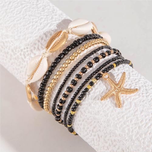 Pingyongchang Bohemian Stackable Shell Beaded Ankle Bracelets for Women Colorful Boho Multi-Layer Seashell Gold Starfish Adjustable Handmade Braid Bracelet Summer Beach Holiday Accessories Gifts - color: Black