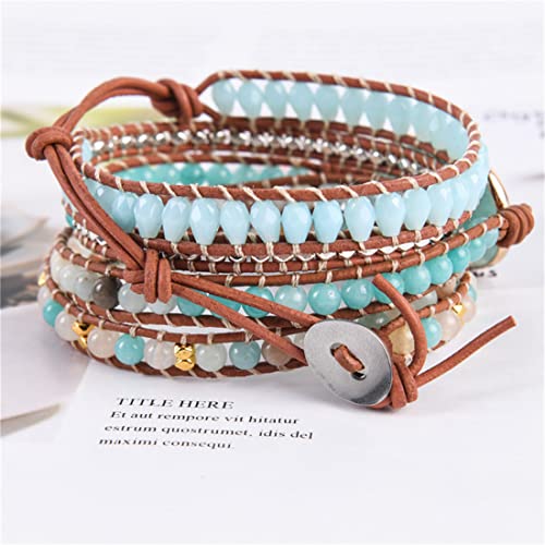 YGLINE Boho Handmade Wrap Leather Tube Crystal Stone Bracelet for Women - color: Amazonite 2