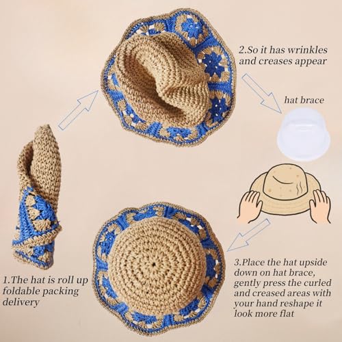 Floppy Big Beach Straw Hats for Women Foldable Summer Wide Brim Packable Sun Hat Womens Travel Straw Fedora Hat - color: Floral-1