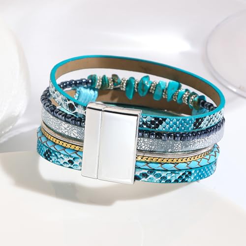Long tiantian Boho Leather Wrap Bracelets Western Bracelets for Women Stackable Starfish Crystal Pearl Turquoise Leather Bracelet With Clasp Jewelry Gifts Boho Dresses - color: A5:BLUE Bracelet