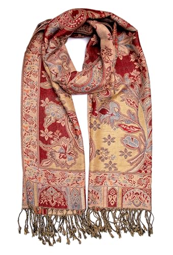 Achillea Elegant Paisley Floral Pashmina Shawl and Wrap – Boho Rave Scarf for Festival, Travel & Everyday Wear - color: Red Beige