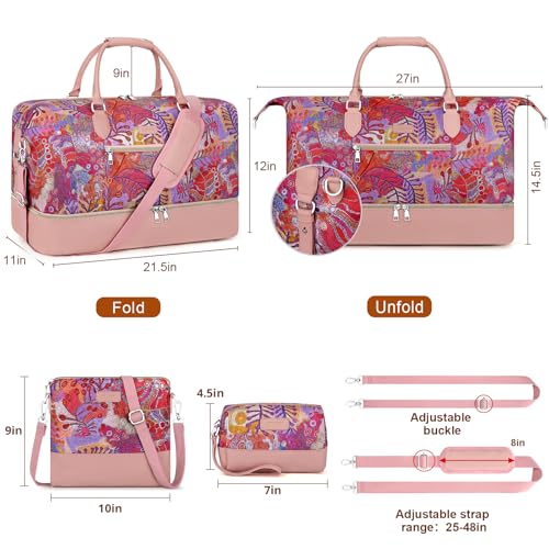 ITIEZY Weekender Overnight Bag for Women - Large Travel Duffel Bag with Shoe Compartment, Gym Duffel Bag Hospital Bag Carry On Tote Bags for Airplanes with Crossbody Bag Toiletry Bag 3Pcs Set - color: 8a-Pink