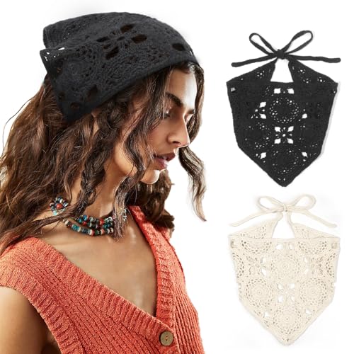 DRESHOW Floral Crochet Hair Bandana Tie Knotted Headscarf Vintage Headband Knitted Head Kerchief for Women Girls - color: 2 Pcs Floral Crochet (Black + Beige)