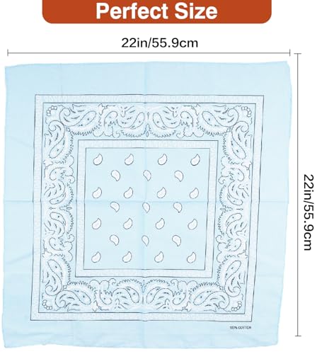 Raylarnia Bandana Multi-Purpose 100% Cotton Headbands for Women, 22 inch Paisley Cowboy Bandanas for Men - color: Light Blue