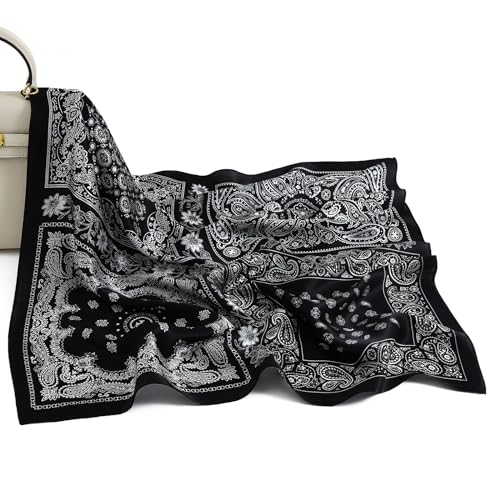 STARWHISPER 100% Pure Mulberry Silk Square Scarf-27''x27 Lightweight Hair Scarves Headscarf Night Sleeping with Gift Packed - color: Black Paisley Quartet