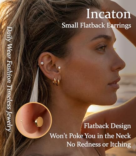 Incaton Hypoallergenic Flat Back Earrings for Women Silver 14K Gold Plated Surgical Stainless Steel Stud Earrings Cubic Zirconia Cartilage Studs Earrings For Multiple Piercing Sensitive Ears - color: 4-GOLD
