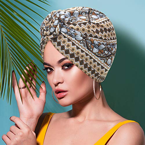 SATINIOR 4 Pieces African Pattern Headwrap Pre-Tied Bonnet Turban Knot Beanie Cap Headwrap Hat - style: Plaid Striped Style