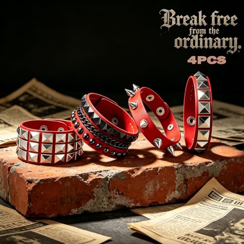 Handmade Black Leather Wrap Studded Bracelets for Women Men, 4Pcs Vintage Punk Wrist Cuff Bangle Wristband Emo Jewelry Gifts - style: Red Square Stud Style