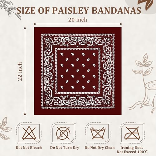 12 Pack Bandanas Unisex Paisley Cowboy Bandanas Bulk Multi Purpose Headband Scarf for Men Women Costume - color: Burgundy, style: Classic