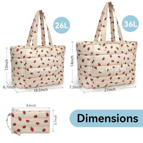 Puffer Tote Bag with Pouch, Women's Lightweight Quilted Shoulder Bag, 15.6"/17.3 Laptop Travel Weekender for Work & Nurses - color: Strawberry, size: Medium