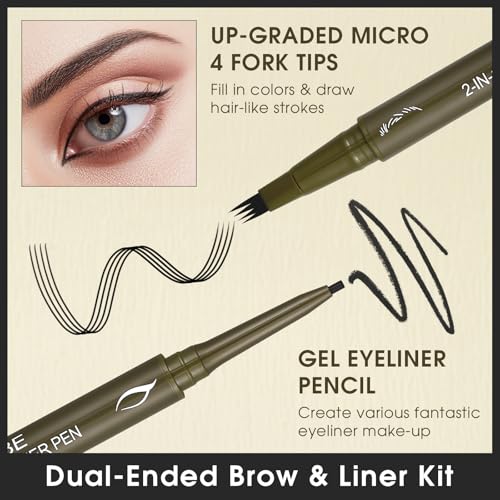 UCANBE Eyebrow Pencils for Women with Spoolie Brush, Dual-Ended Eyebrow Pen with 4-Fork-Tip & Gel Eyeliner, Microblading Brow Pen with Eyeliner Pencil + Brow Brush for Hair Like Brows, Soft Black - color: Soft Black with Brow Brush