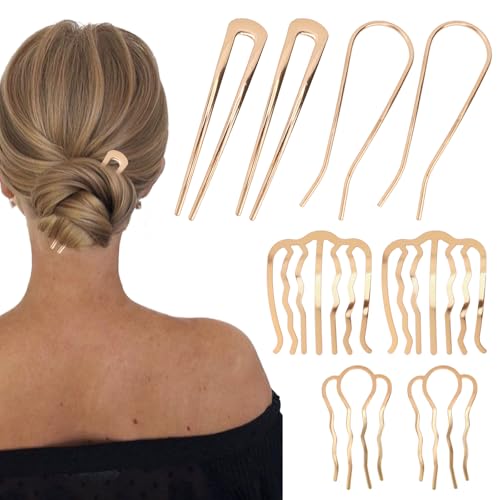 French Hair Pin, 8 PCS Gold Hair Pins for Women Metal Hair Side Combs, French Pins Hair, U Shaped Hair Pins for Buns Updos, French Pins Hair Stick Pin Hair Combs for Styling Hairpin Hair Accessories - color: Gold
