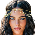 JEAIRTS Boho Rhinestone Head Chain Gold Crystal Forehead Headpiece Bridal Festival Hair Jewelry for Women