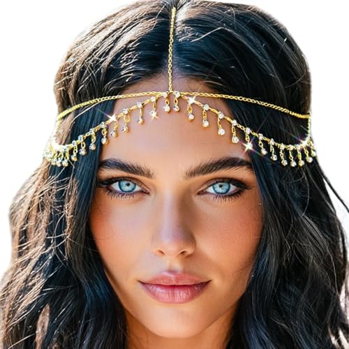 JEAIRTS Boho Rhinestone Head Chain Gold Crystal Forehead Headpiece Bridal Festival Hair Jewelry for Women