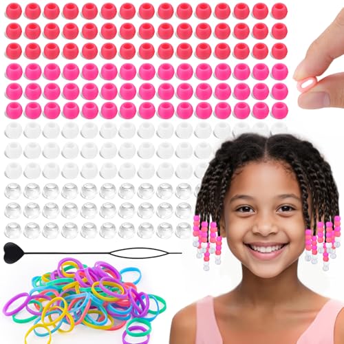 160Pcs 10mm Small Silicone Beads for Hair Braids, Soft Jellyish Pony Hair Beads with 5mm Hole + 50 Rubber Bands and 1 Beader for Braiding, DIY Bracelets Necklaces Crafts (Dark Pink) - color: Dark Pink Mix-160Pcs