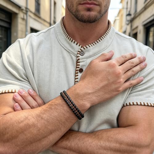 Men's Leather Bracelet, Stackable Stainless Steel Clasp Bracelets for Men Stylish Birthday, Thanksgiving, Valentine's Day Gift for My Man - style: 8.4" Orange and Black