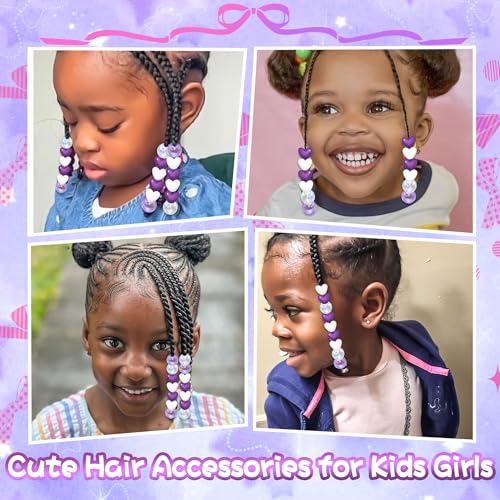 60PCS Purple White Heart Hair Beads for Braids AB Color Round Bead Loc Dreadlock Accessories Lovely Kids Girls Pony Beads - color: Purple&White