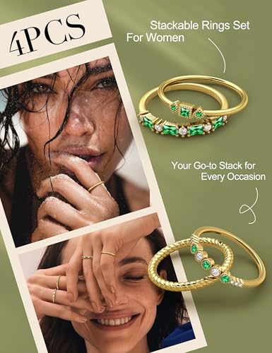 ORAZIO 14K Gold Plated Stackable Rings for Women Non Tarnish Dainty Cubic Zirconia Wedding Engagement Bands Ring Set Minimalist Trendy Statement Anniversary Promise Thumb Stacking Rings Size 6-10 - color: Green CZ-Gold Tone