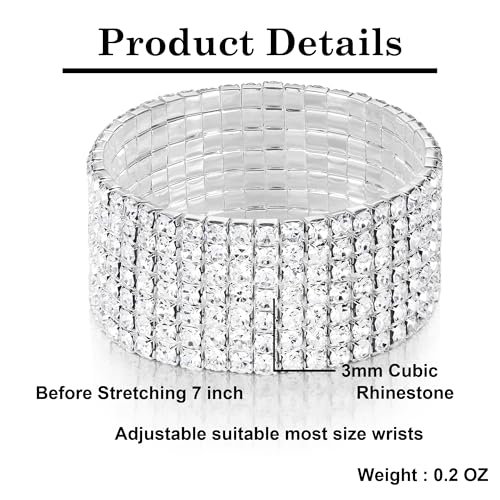 Zealmer Sparkle Multicolor Rhinestone Stackable Stretch Bracelets for Women - color: 7 Row Silver Bracelet