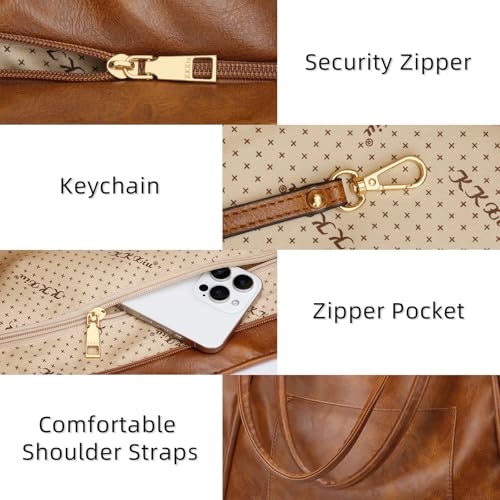 KKXIU Large Tote Bag for Women with Zipper Work Leather Travel Purse and Handbags - color: Dark Brown