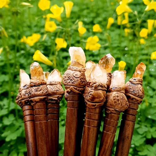 Natural Tumbled Healing Gemstone Crystal Wooden Hair Stick Handmade Gifts Boho Reiki by Smoky Quartz (Citrine raw) - color: Citrine raw