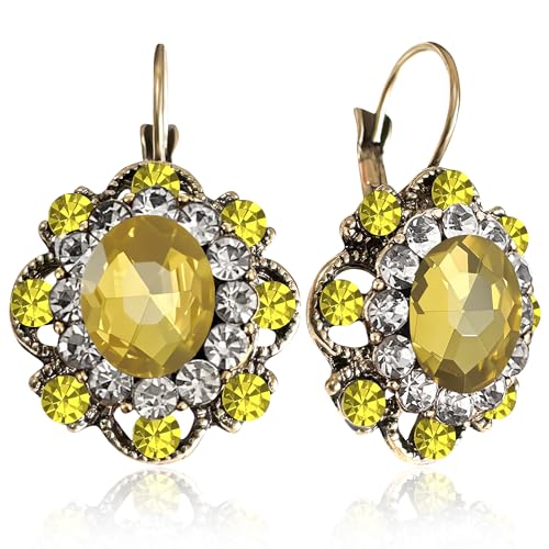 Handmade Bohemian Vintage Gold Sparkly Crystal Round Flower Leverback Earrings Cute Rhinestone Geometry Dangle Drop Earring for Women - color: Yellow