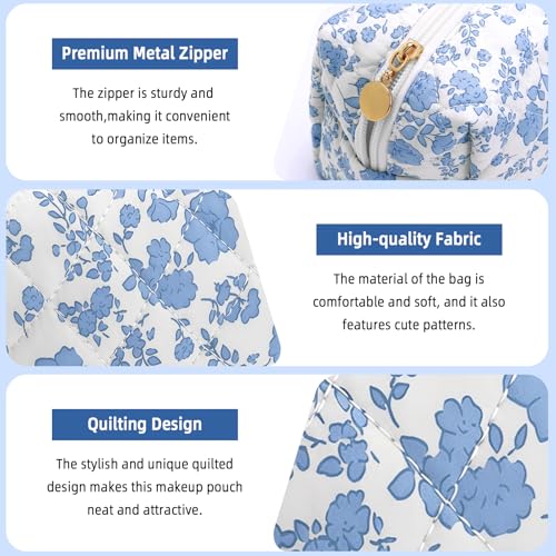 Small Makeup Bag Quilted Cosmetic Bag Floral Travel Toiletry Bags for Women Cute Pencil Case Quilted Makeup Pouch Aesthetic Coquette Cosmetic Pouch Cotton Make Up Bags Cute Zipper Pouches Blue - color: Ac-blue flower