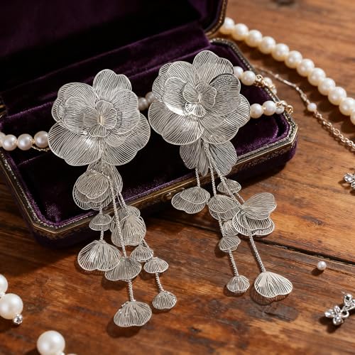 Gold Silver Filigree Floral Dangle Earrings for Women, Long Drop Statement Earrings for Vintage Wedding Jewelry - style: Silver Long Floral Earrings