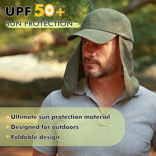 Tirrinia Wide Brim Sun Hat with Neck Flap for Men & Women, Breathable Hiking Fishing Safari Hat, Outdoor UV Protection Cap - color: Green